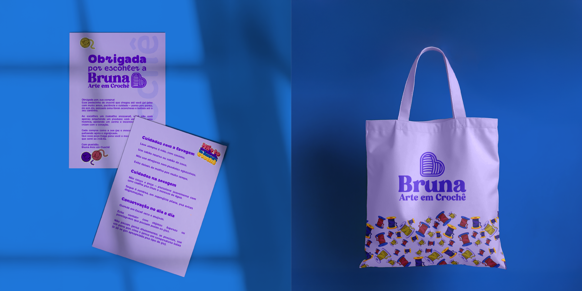 A imagem faz parte do projeto de Identidade Visual da Bruna Arte Em Crochê e mostra uma carta de agradecimento pela compra e uma ecobag personalizada