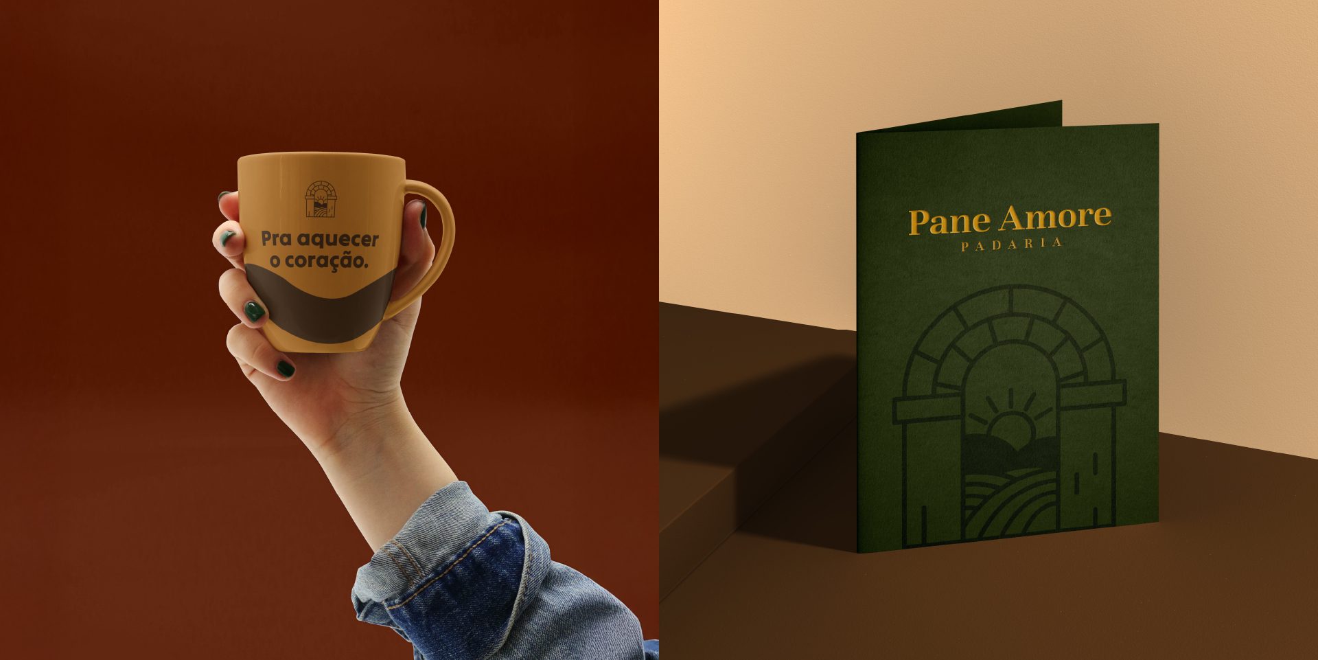 A imagem faz parte do projeto de Identidade Visual da Padaria Pane Amore e mostra aplicações da marca em uma caneca e um cardapio