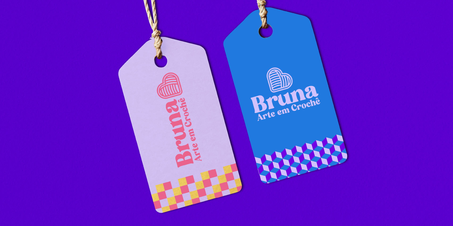 A imagem faz parte do projeto de Identidade Visual da Bruna Arte Em Crochê e mostra etiquetas pensadas para a marca