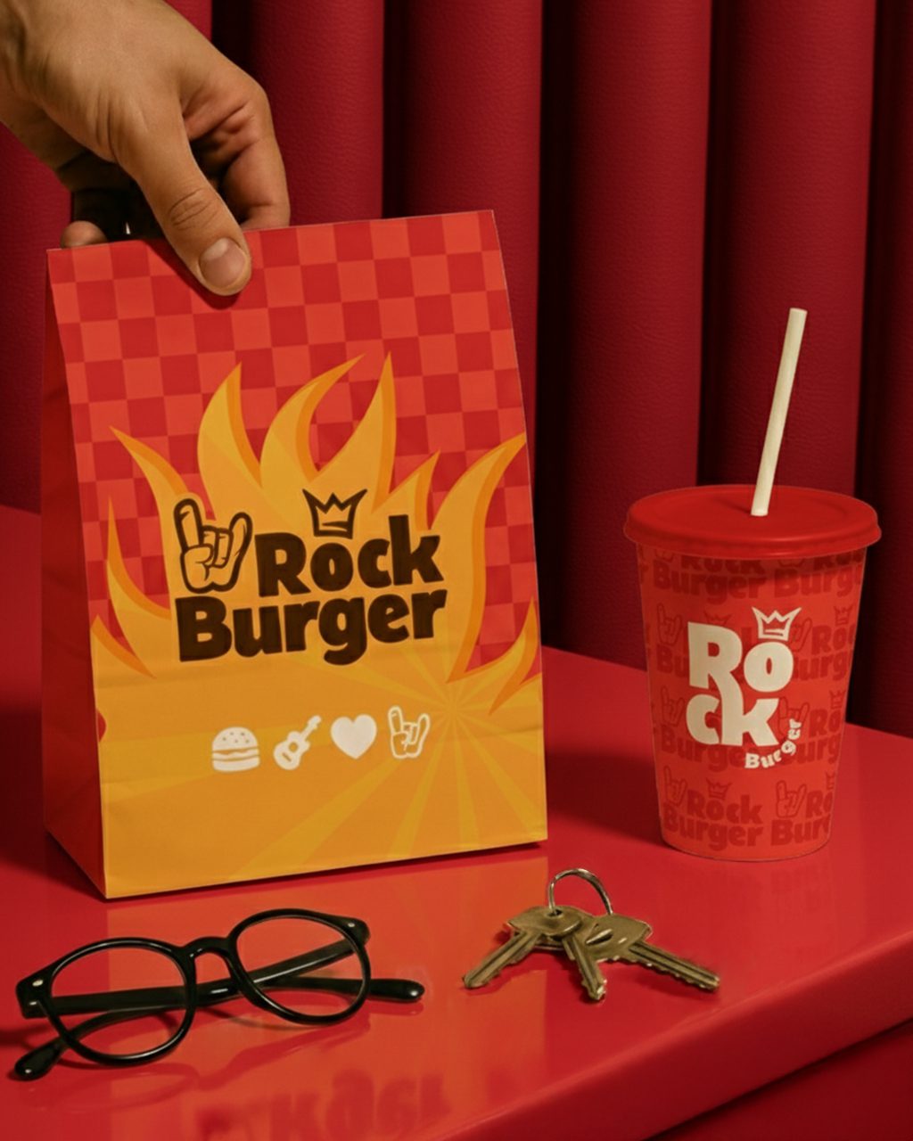 A imagem faz parte do projeto de Identidade Visual da Rock Burger e mostra as embalagens de papel e o copo de refrigerante