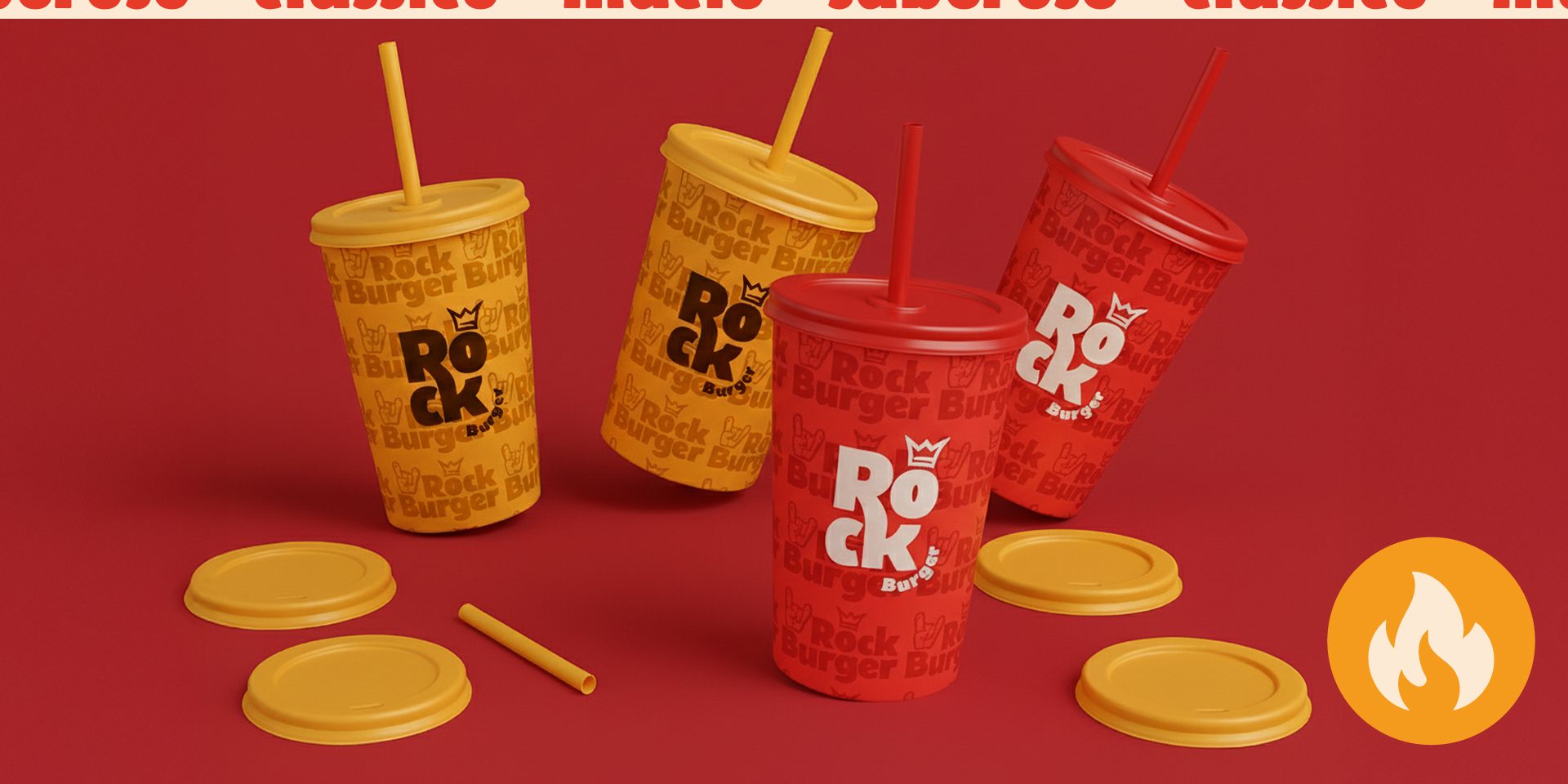 A imagem faz parte do projeto de Identidade Visual da Rock Burger e mostra vários copos de refrigerante pensados para a marca