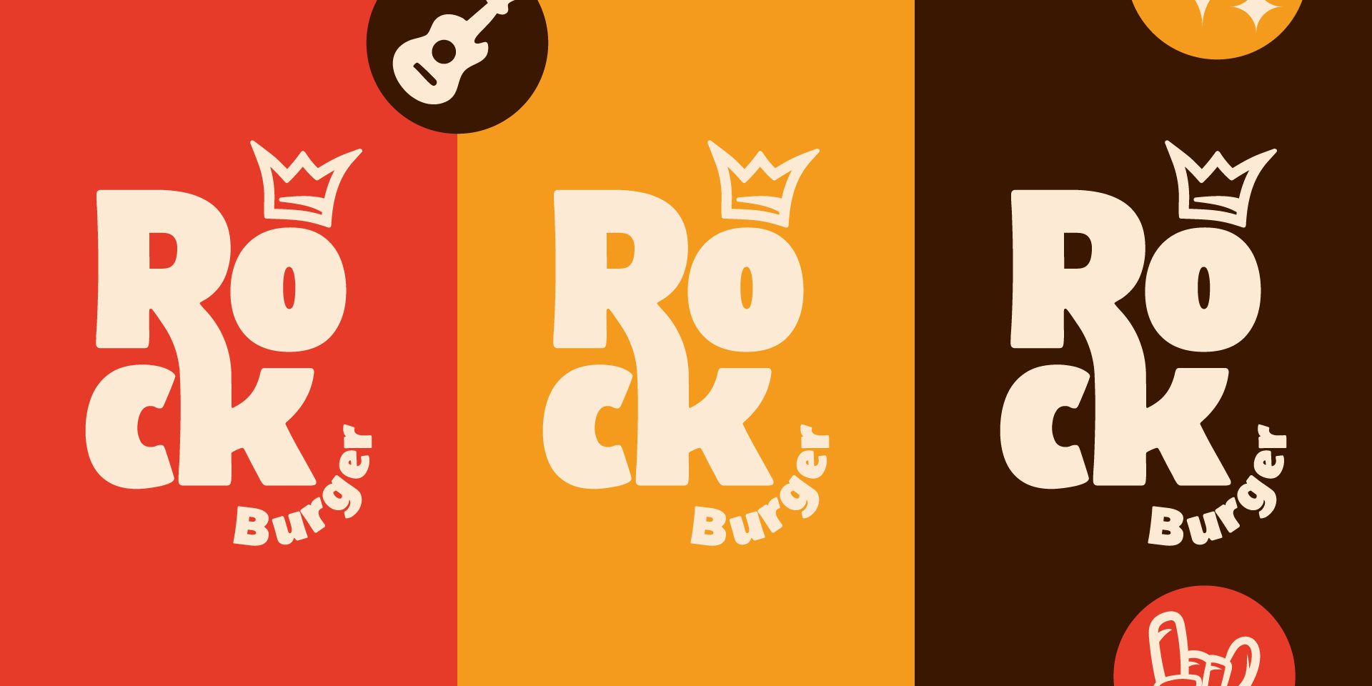 A imagem faz parte do projeto de Identidade Visual da Rock Burger e mostra variações da logo aplicadas sobre cores da paleta da marca